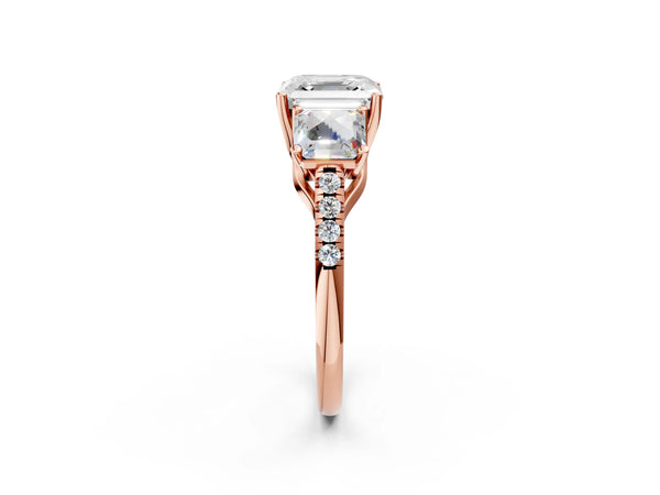 Rose gold 1 Carat Three-Stone Asscher Cut Diamond Ring with Round  Pavé Band and Prong Setting