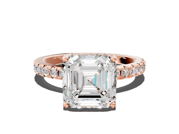 1.5 Carat Asscher Cut Rose gold Diamond Solitaire Ring with Round  Pavé Band and Four-Prong Setting