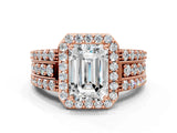 Rose gold 1.5 Carat Emerald Cut Halo  Ring with Split Shank and Four-Prong Setting