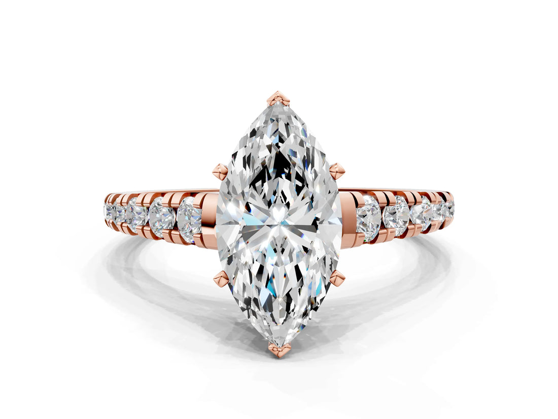 Rose gold 1.5 Carat Marquise Cut  Solitaire Ring with Cathedral Setting and Pavé Band