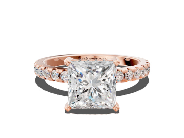 1.5 Carat Princess Cut Rose gold Diamond Solitaire Ring with Round  Pavé Band and Four-Prong Setting