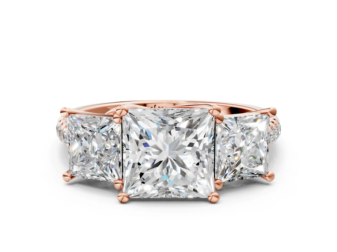 Rose gold 1.5 Carat Three-Stone Princess Cut  Ring with Pavé Band and Prong Setting