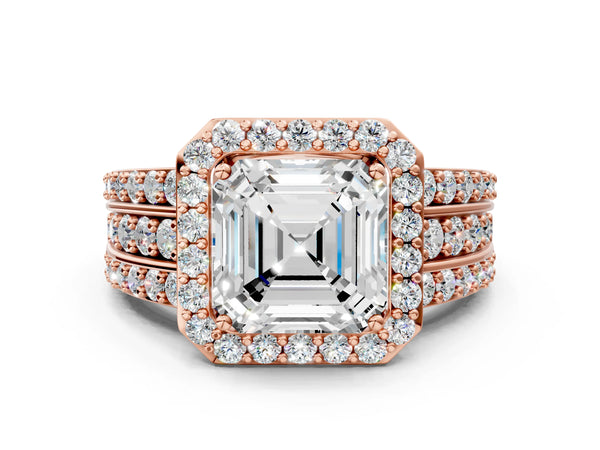 2 Carat Asscher Cut Rose gold Halo Diamond Ring with Round  Split Shank and Prong Setting