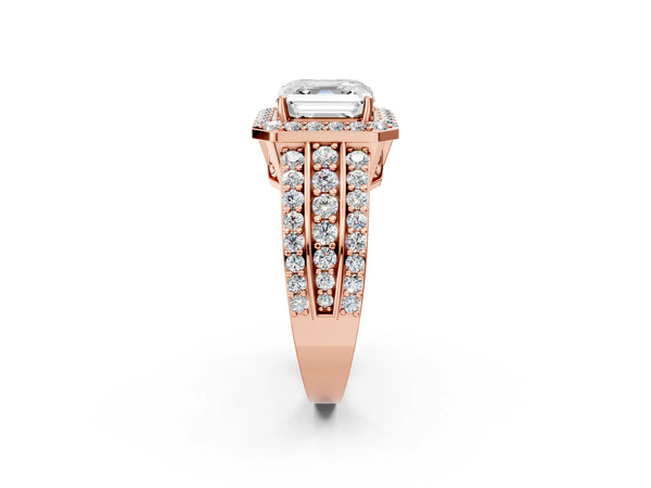 2 Carat Asscher Cut Rose gold Halo Diamond Ring with Round  Split Shank and Prong Setting
