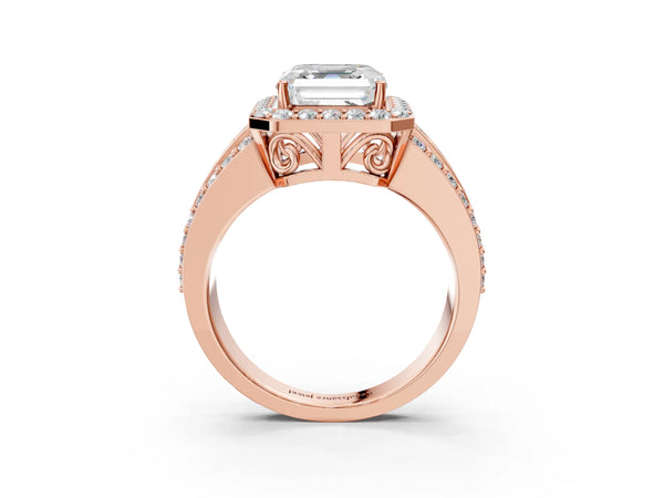 2 Carat Asscher Cut Rose gold Halo Diamond Ring with Round  Split Shank and Prong Setting