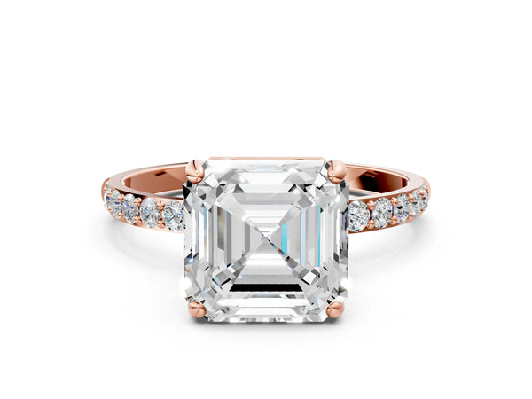 2 Carat Asscher Cut Rose gold Diamond Solitaire Ring with Round  Pavé Band and Prong Setting