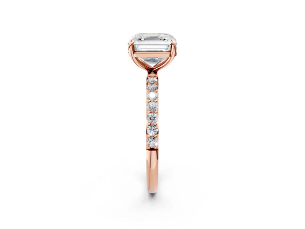 2 Carat Asscher Cut Rose gold Diamond Solitaire Ring with Round  Pavé Band and Prong Setting