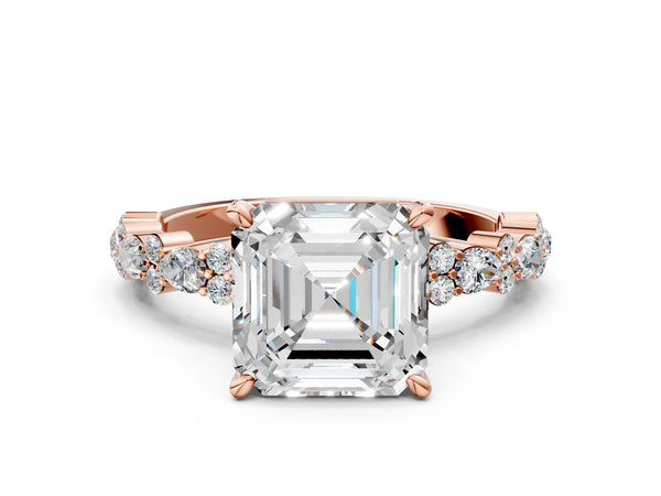 2 Carat Asscher Cut Rose gold Diamond Side Stone Solitaire Ring with Round and Four-Prong Setting