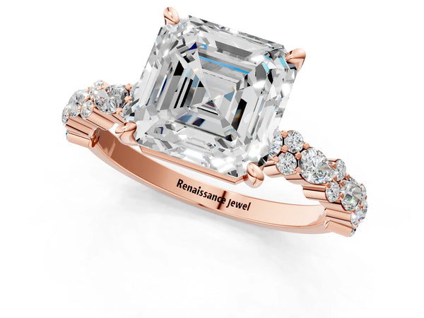 2 Carat Asscher Cut Rose gold Diamond Side Stone Solitaire Ring with Round and Four-Prong Setting