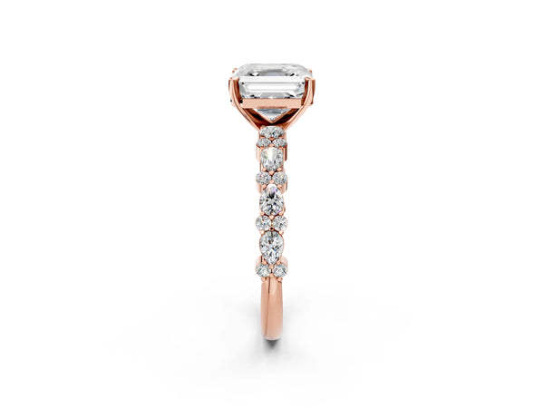 2 Carat Asscher Cut Rose gold Diamond Side Stone Solitaire Ring with Round and Four-Prong Setting