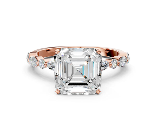 2 Carat Asscher Cut Rose gold Diamond Ring with Marquise and Round Side Stones and Four-Prong Setting