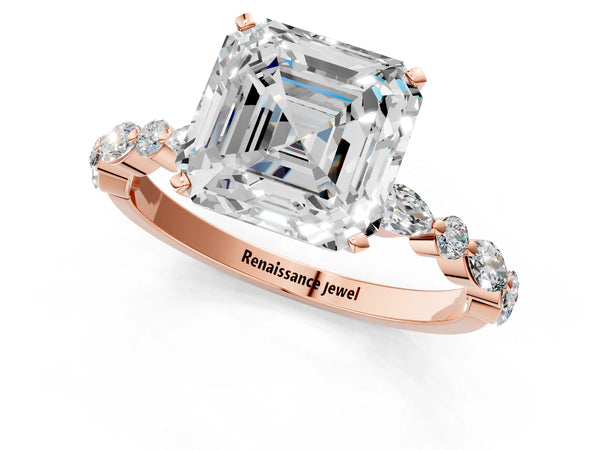 2 Carat Asscher Cut Rose gold Diamond Ring with Marquise and Round Side Stones and Four-Prong Setting