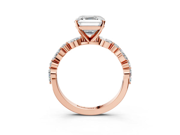 2 Carat Asscher Cut Rose gold Diamond Ring with Marquise and Round Side Stones and Four-Prong Setting