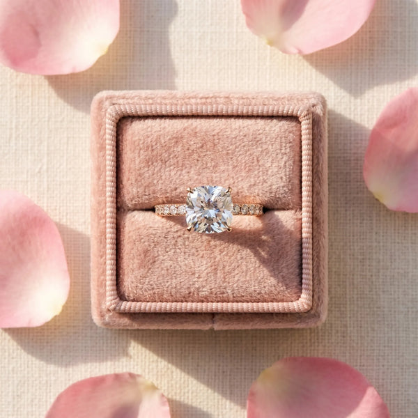 2 Carat Cushion Cut Rose gold Diamond Solitaire Ring with Round Pavé Band and Four-Prong Setting