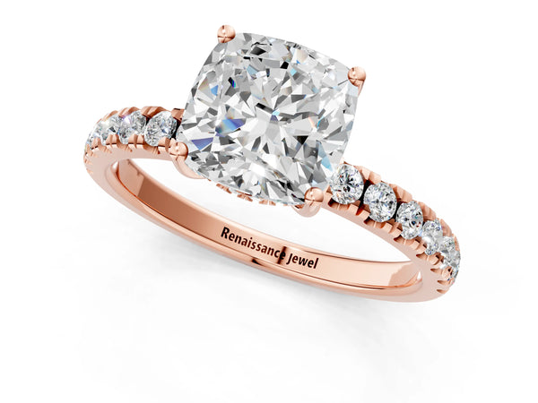 2 Carat Cushion Cut Rose gold Diamond Pave Band Solitaire Ring with Round  and Prong Setting