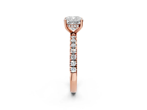 2 Carat Cushion Cut Rose gold Diamond Pave Band Solitaire Ring with Round  and Prong Setting