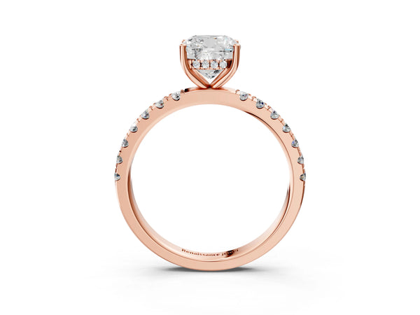 2 Carat Cushion Cut Rose gold Diamond Pave Band Solitaire Ring with Round  and Prong Setting
