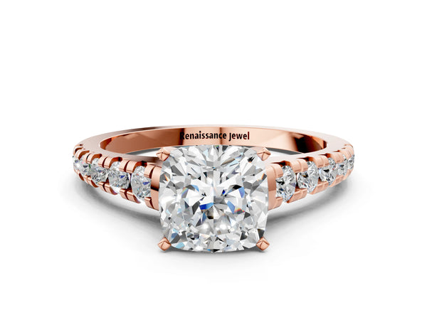 2 Carat Cushion Cut Rose gold Diamond Cathedral Solitaire Ring with Round  Pavé Band