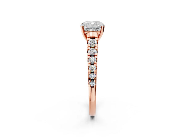 2 Carat Cushion Cut Rose gold Diamond Cathedral Solitaire Ring with Round  Pavé Band