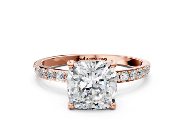 2 Carat Cushion Cut Rose gold Diamond Solitaire Ring with Round  Pavé Band and Prong Setting