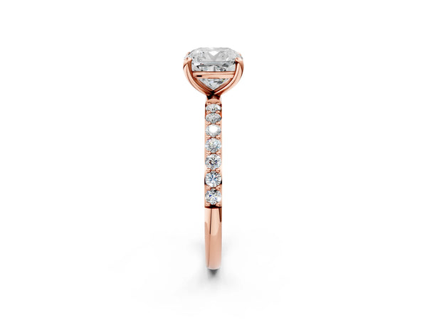 2 Carat Cushion Cut Rose gold Diamond Solitaire Ring with Round  Pavé Band and Prong Setting