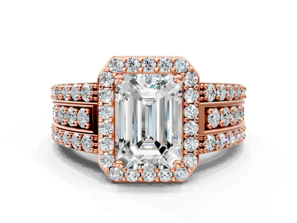 2 Carat Emerald Cut Rose gold Halo Diamond Ring with Round  Split Shank and Prong Setting