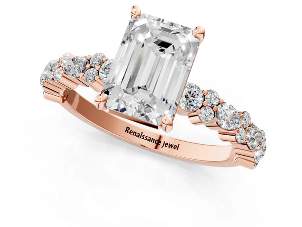 2 Carat Emerald Cut Rose gold Diamond Side Stone Solitaire Ring with Round and Four-Prong Setting