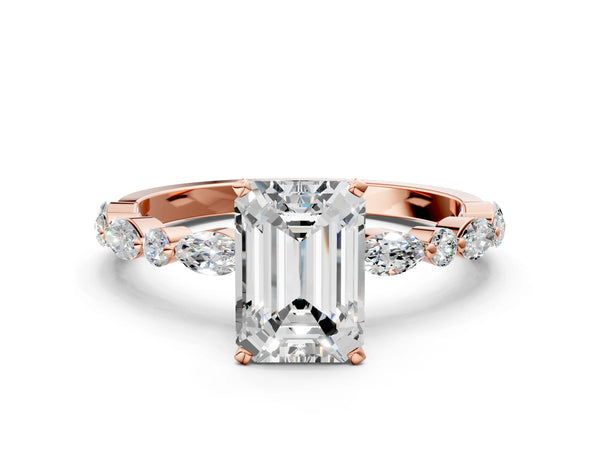 2 Carat Emerald Cut Rose gold Diamond Ring with Marquise and Round Side Stones and Four-Prong Setting
