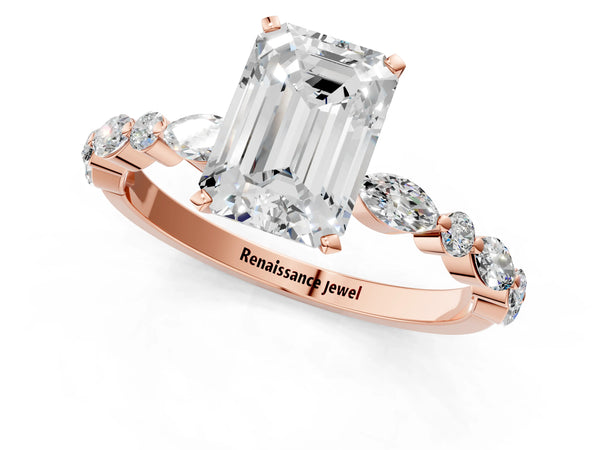 2 Carat Emerald Cut Rose gold Diamond Ring with Marquise and Round Side Stones and Four-Prong Setting