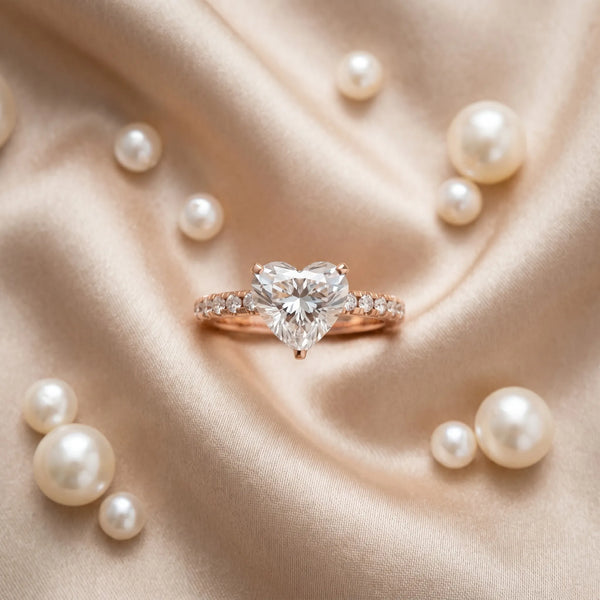 2 Carat Heart Cut Rose gold Diamond Solitaire Ring with Round Pavé Band and Four-Prong Setting