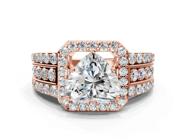2 Carat Heart Cut Rose gold Halo Diamond Ring with Round  Split Shank and Prong Setting