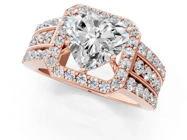 2 Carat Heart Cut Rose gold Halo Diamond Ring with Round  Split Shank and Prong Setting