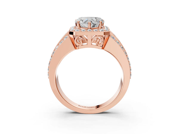 2 Carat Heart Cut Rose gold Halo Diamond Ring with Round  Split Shank and Prong Setting