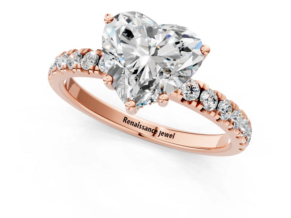 2 Carat Heart Cut Rose gold Diamond Pave Band Solitaire Ring with Round  and Prong Setting