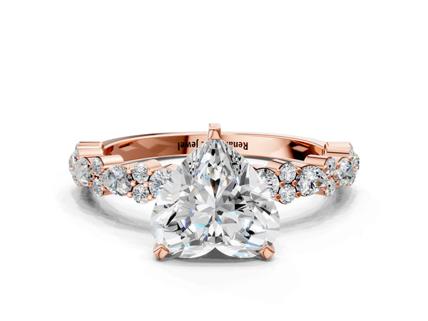 2 Carat Heart Cut Rose gold Diamond Side Stone Solitaire Ring with Round and Four-Prong Setting
