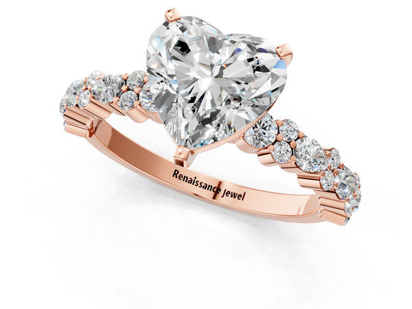 2 Carat Heart Cut Rose gold Diamond Side Stone Solitaire Ring with Round and Four-Prong Setting