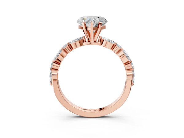 2 Carat Heart Cut Rose gold Diamond Ring with Marquise and Round Side Stones and Four-Prong Setting