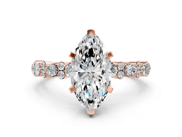 2 Carat Marquise Cut Rose gold Diamond Side Stone Solitaire Ring with Round and Four-Prong Setting