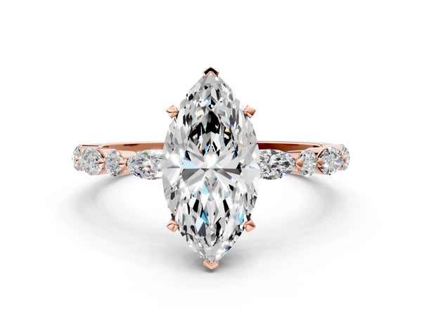 2 Carat Marquise Cut Rose gold Diamond Ring with Marquise and Round Side Stones and Four-Prong Setting
