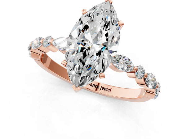 2 Carat Marquise Cut Rose gold Diamond Ring with Marquise and Round Side Stones and Four-Prong Setting
