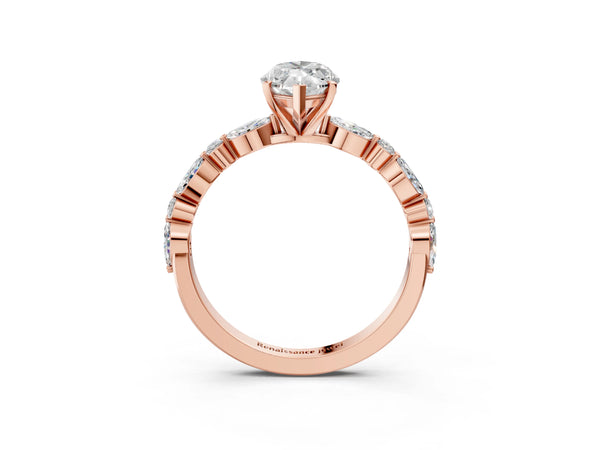 2 Carat Marquise Cut Rose gold Diamond Ring with Marquise and Round Side Stones and Four-Prong Setting