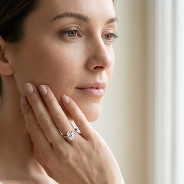 2 Carat Oval Cut Rose gold Diamond Solitaire Ring with Round Pavé Band and Four-Prong Setting
