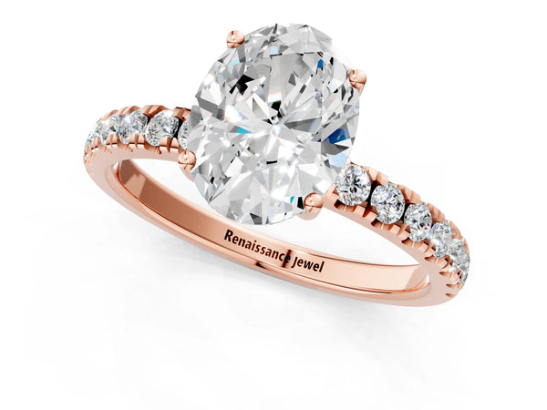 2 Carat Oval Cut Rose gold Diamond Pave Band Solitaire Ring with Round  and Prong Setting
