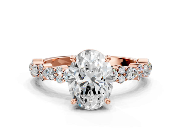 2 Carat Oval Cut Rose gold Diamond Side Stone Solitaire Ring with Round and Four-Prong Setting