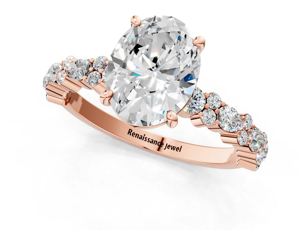 2 Carat Oval Cut Rose gold Diamond Side Stone Solitaire Ring with Round and Four-Prong Setting