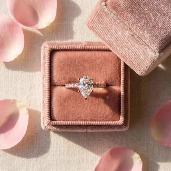 2 Carat Pear Cut Rose gold Diamond Solitaire Ring with Round Pavé Band and Four-Prong Setting