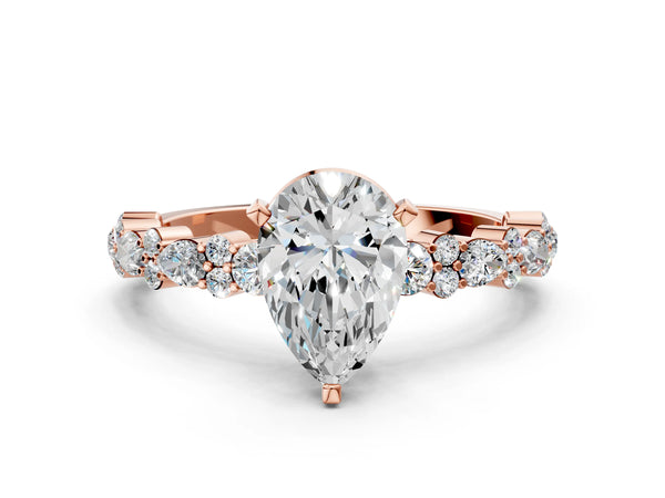 2 Carat Pear Cut Rose gold Diamond Side Stone Solitaire Ring with Round and Four-Prong Setting