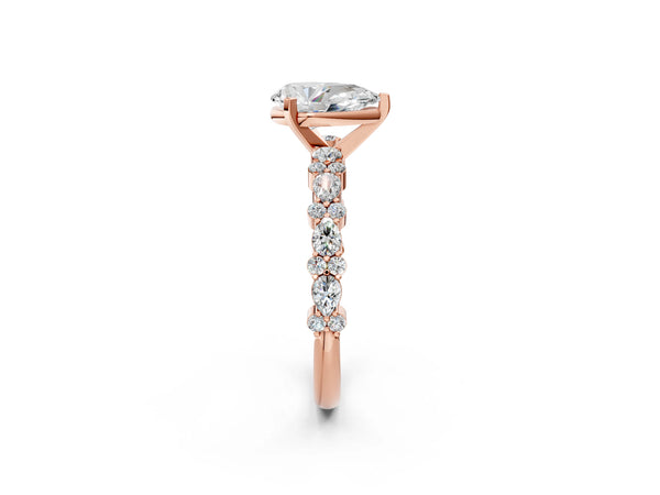 2 Carat Pear Cut Rose gold Diamond Side Stone Solitaire Ring with Round and Four-Prong Setting