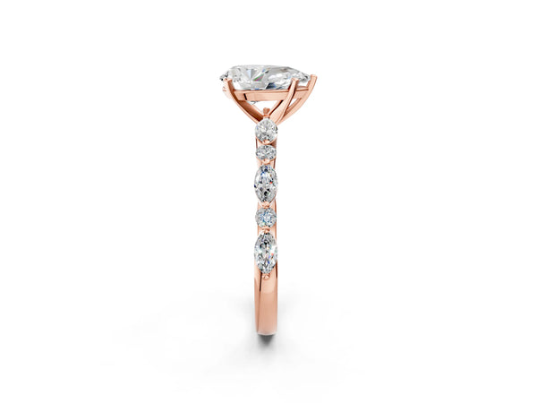2 Carat Pear Cut Rose gold Diamond Ring with Marquise and Round Side Stones and Four-Prong Setting