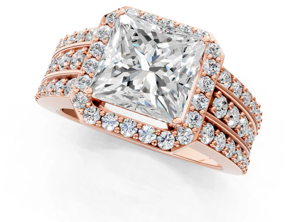 Rose gold 2 Carat Princess Cut Halo Diamond Ring with Round  Split Shank and Prong Setting